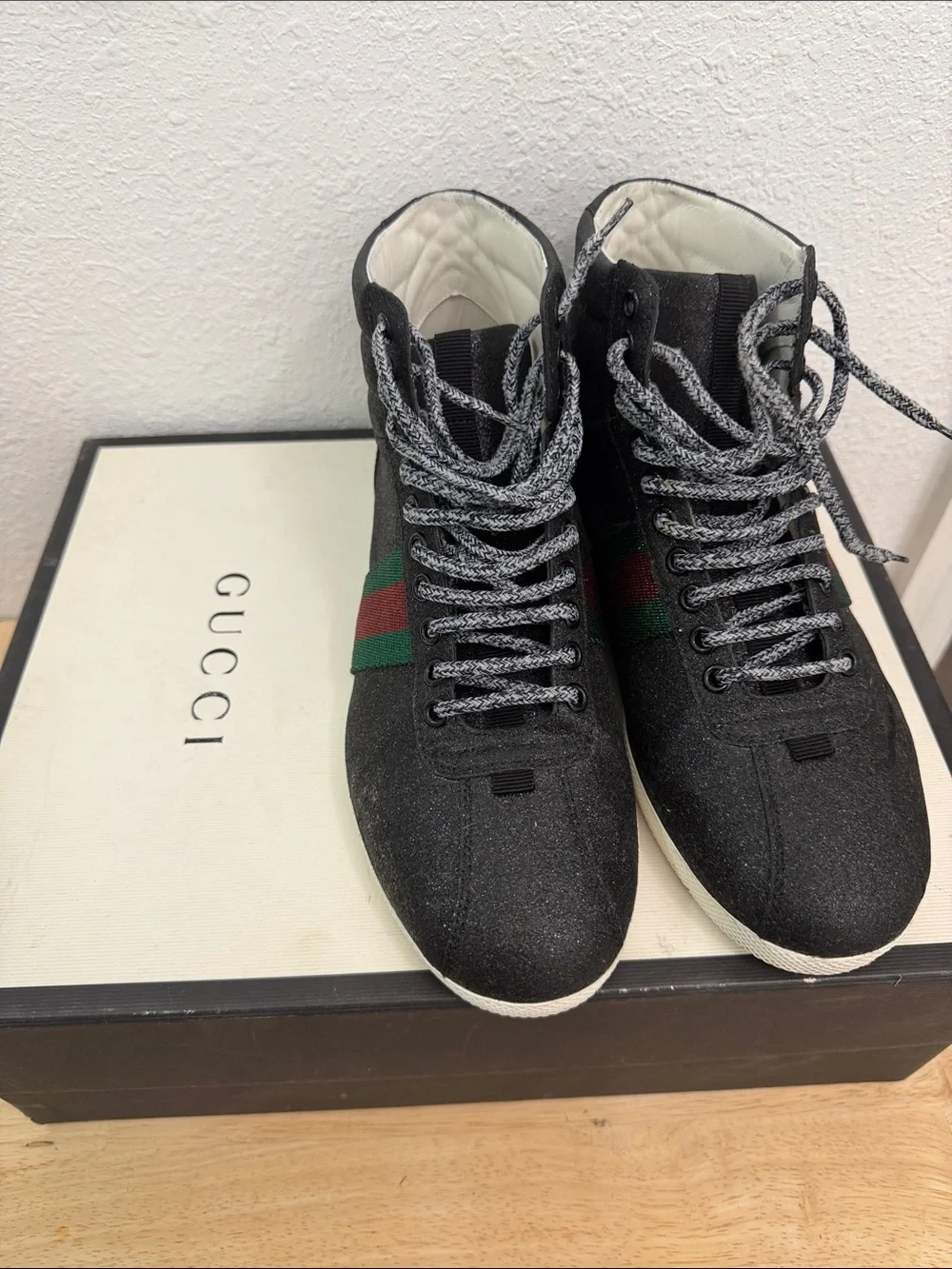 Gucci Black High-Top Sneakers with Green-Red Web Stripe